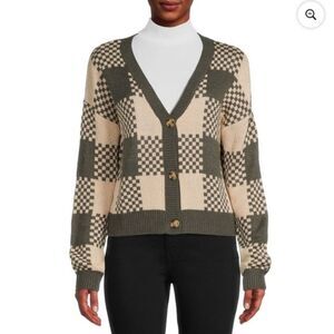 No Boundaries V-Neck Checkered Cardigan Size XXXL Juniors Rib Trim Preppy Green